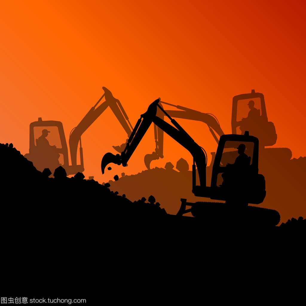 挖掘機(jī)裝載機(jī)液壓機(jī)器拖拉機(jī)和工人在挖
